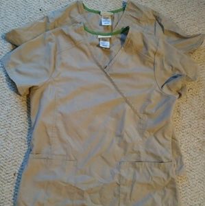 2 Small Khaki Scrub Tops